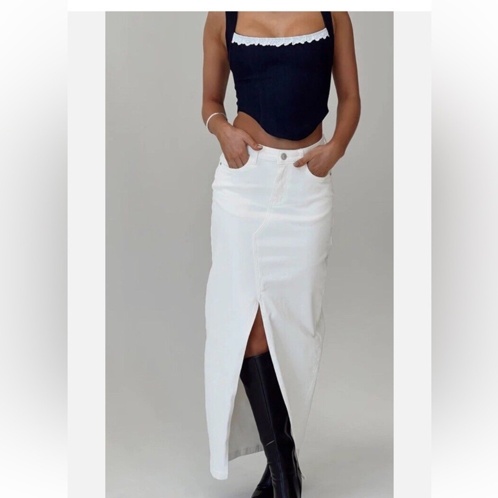 Princess Polly White Denim Maxi Skirt High Waisted Front Slit Size 0 US